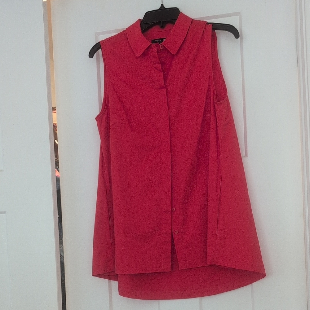Elegant Red Sleeveless Button Down Shirt